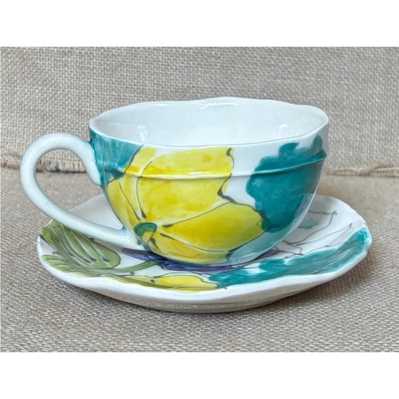 Anthropologie Other - Anthropologie ? Shabby Floral Teacup And Saucer Set Hand Painted Portugal READ